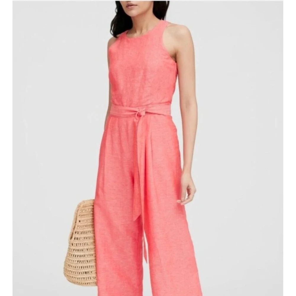 Banana Republic Womens Coral Pink Linen Blend Wide Leg Sleeveless Jumpsuit 10